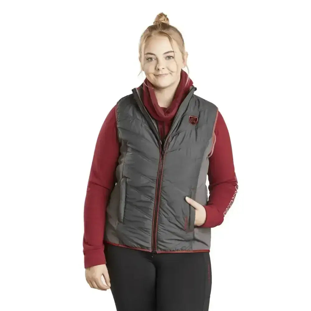 Firefoot gilet ladies grey merlot quilted vest with red trim zipper and small logo on left chest