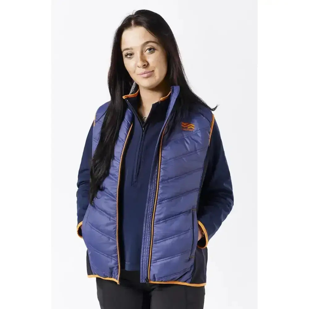 Blue quilted firefoot gilet ladies navy orange with orange trim and a firefoot branding badge on the chest
