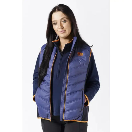 Blue quilted firefoot gilet ladies navy orange with orange trim and a firefoot branding badge on the chest