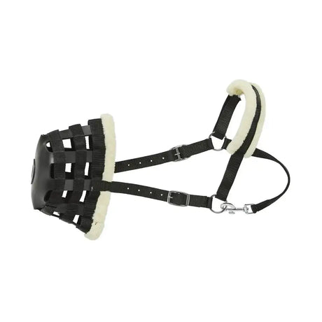 Black mesh firefoot grazing muzzle with white fleece lining and adjustable straps for comfortable fit muzzle black