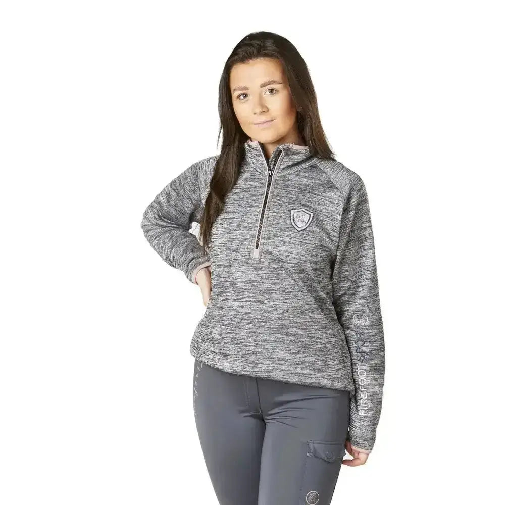 Gray heathered firefoot half zip fleece top for kids with shield logo and vertical text in grey marl rose gold