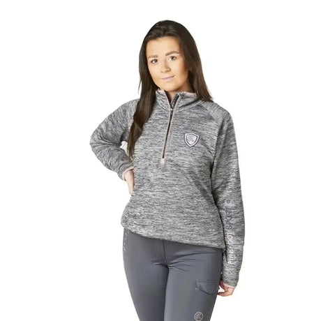 Gray heathered firefoot half zip fleece top for ladies in grey marl rose gold with shield logo and sleeve text