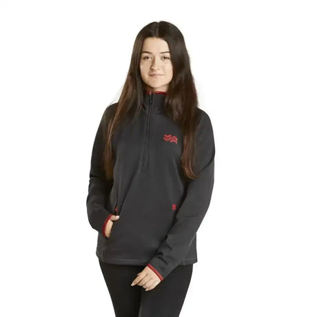 Black firefoot half zip fleece jacket with red accents ladies grey merlot fleece lined fashionable top