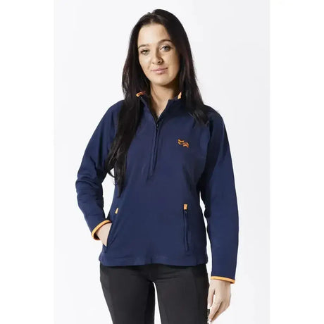 Ladies navy orange fleece firefoot half zip features a long-sleeved fleece lined fashionable design with orange trim