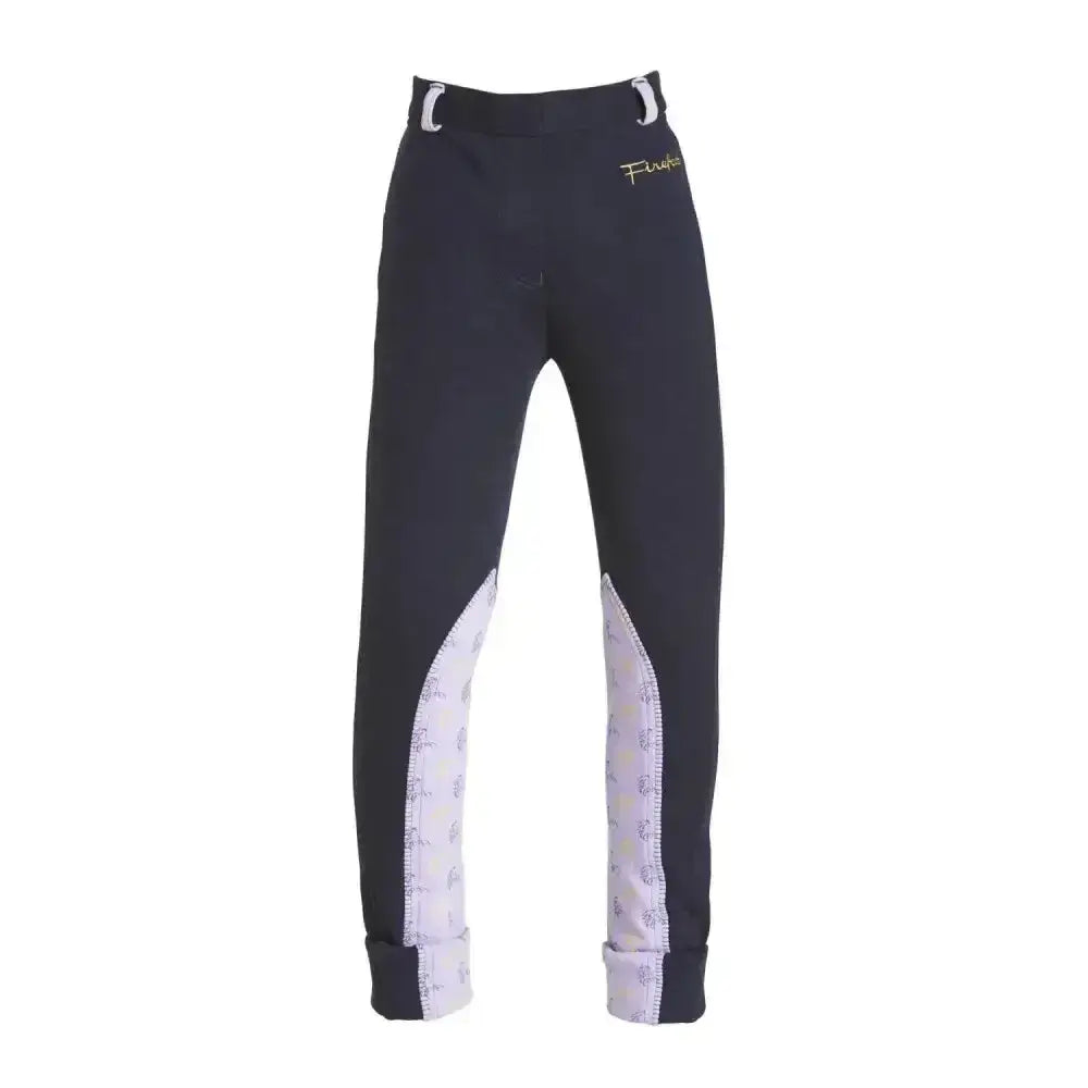 Black firefoot harden jodphurs with white patterned side panels and rolled cuffs for horse print kids navy lilac