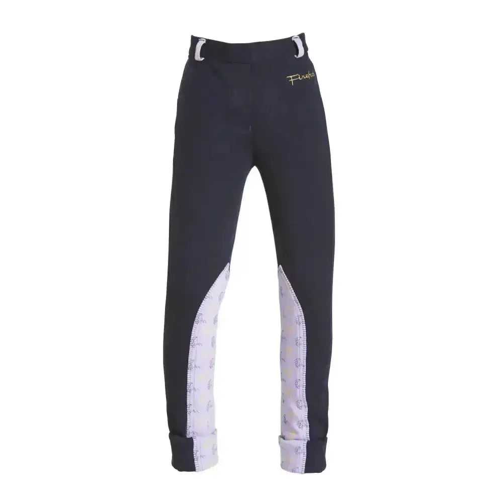 Black firefoot harden jodphurs with white horse print kids side panels and matching belt loops in navy lilac