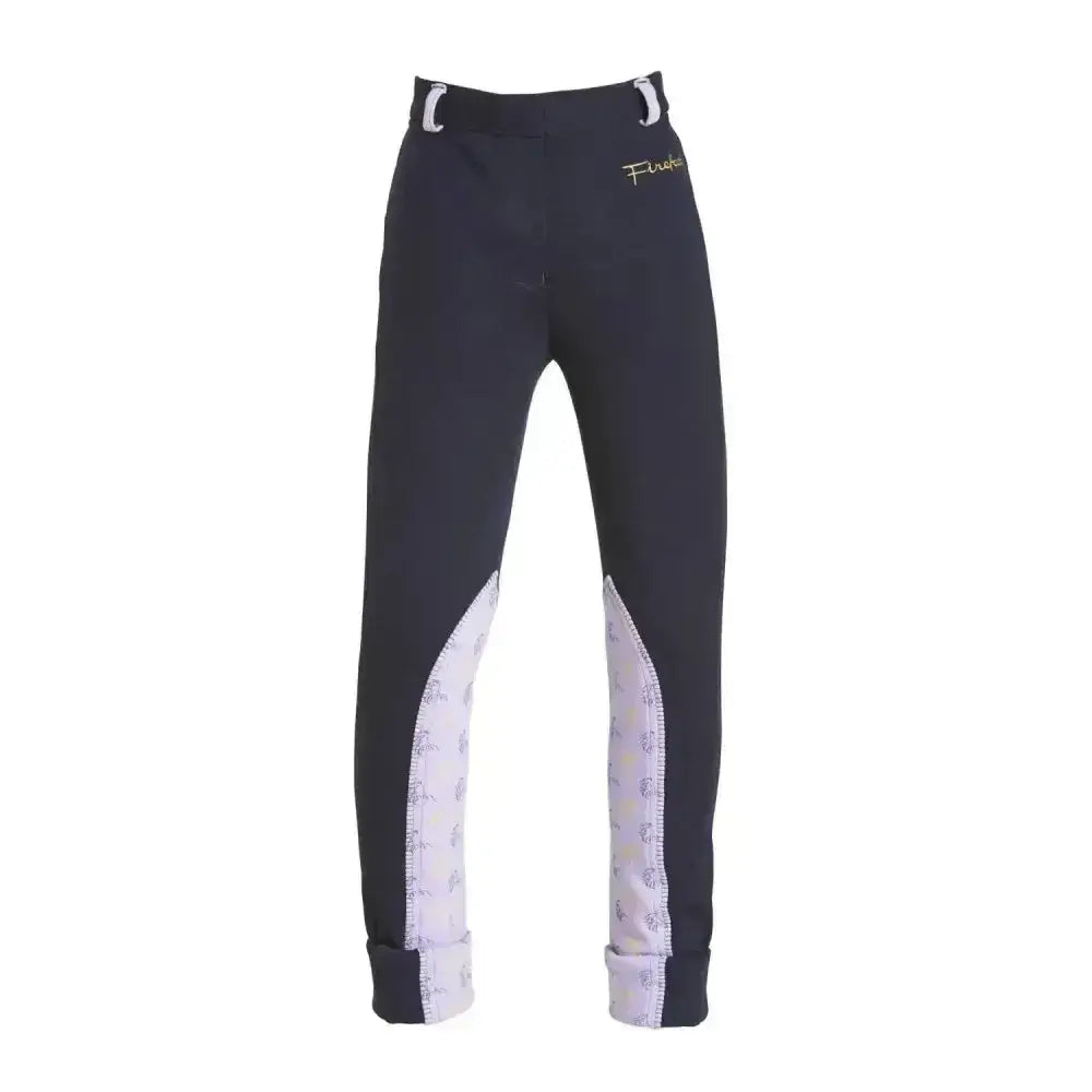 Black firefoot harden jodphurs with white patterned side panels and silver belt loops kids horse print pants