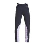 Black firefoot harden jodphurs with white patterned side panels and silver belt loops kids horse print pants