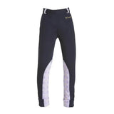Black firefoot harden jodphurs with white patterned panels silver belt loops and embroidered logo horse print kids style