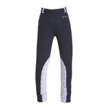 Black firefoot harden jodphurs with white patterned side panels and rolled cuffs for horse print kids use