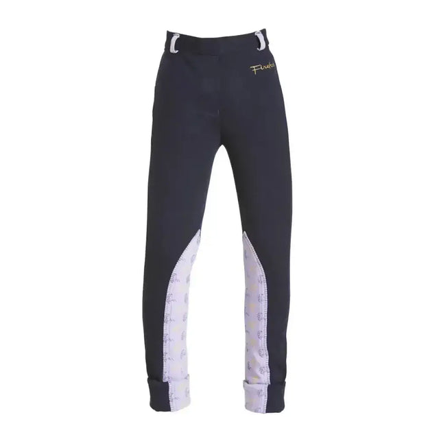 Black firefoot harden jodphurs with white patterned side panels and belt loops for horse print kids navy lilac