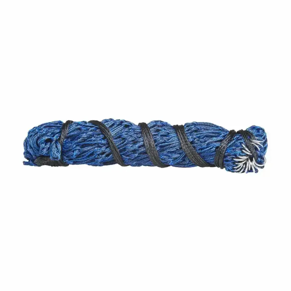 Blue woven rope tightly coiled with black straps for the firefoot haylage net tough hanging rope and durable haylage net