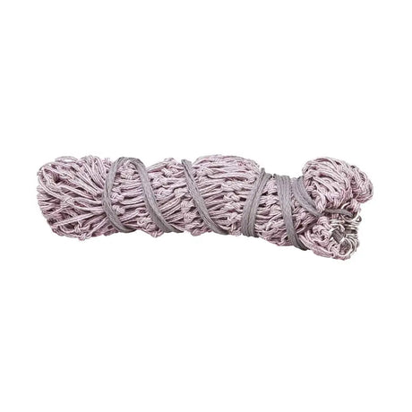 A neatly bundled light gray firefoot haylage net with durable textured weave and reinforced tough hanging rope ties