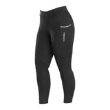 Black firefoot howden riding tights ladies with white logo and trim on side pocket in black and baby blue colors