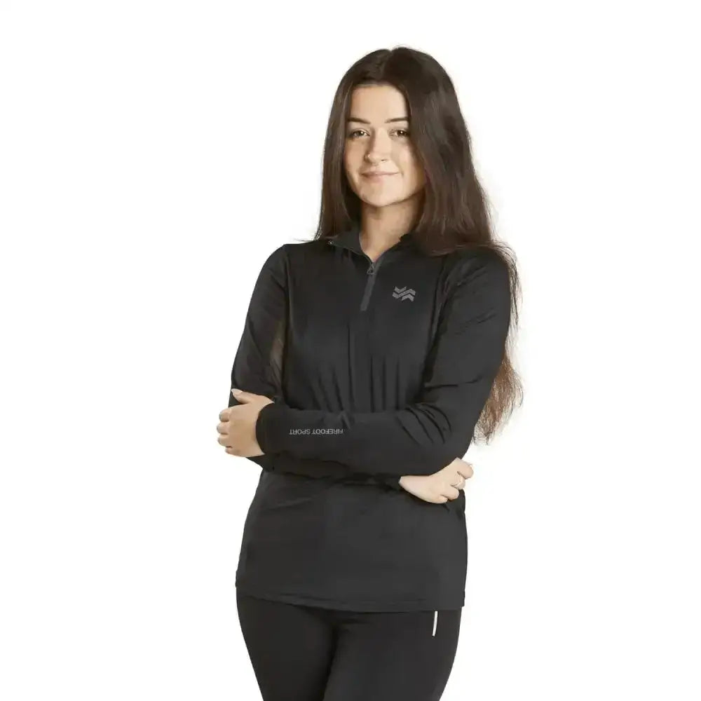 Black long-sleeved firefoot kilnsey base layer kids top with half-zip collar and subtle grey logo on chest
