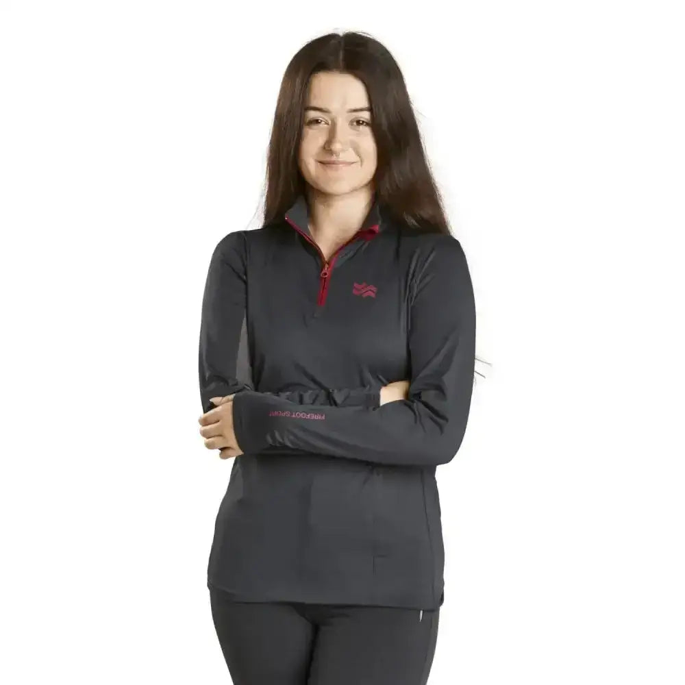 Dark gray long-sleeved firefoot kilnsey base layer ladies top with quarter-zip collar and red zipper