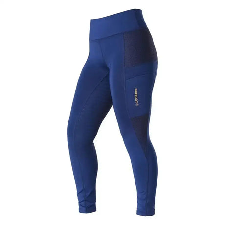 Royal blue firefoot marsden sticky high-waisted leggings with black mesh panels and subtle freefoot logo on the thigh