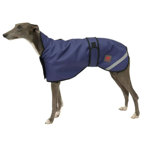 Navy blue firefoot outdoor sighthound coat with fleecy lining navy black trim and reflective silver stripe waterproof design