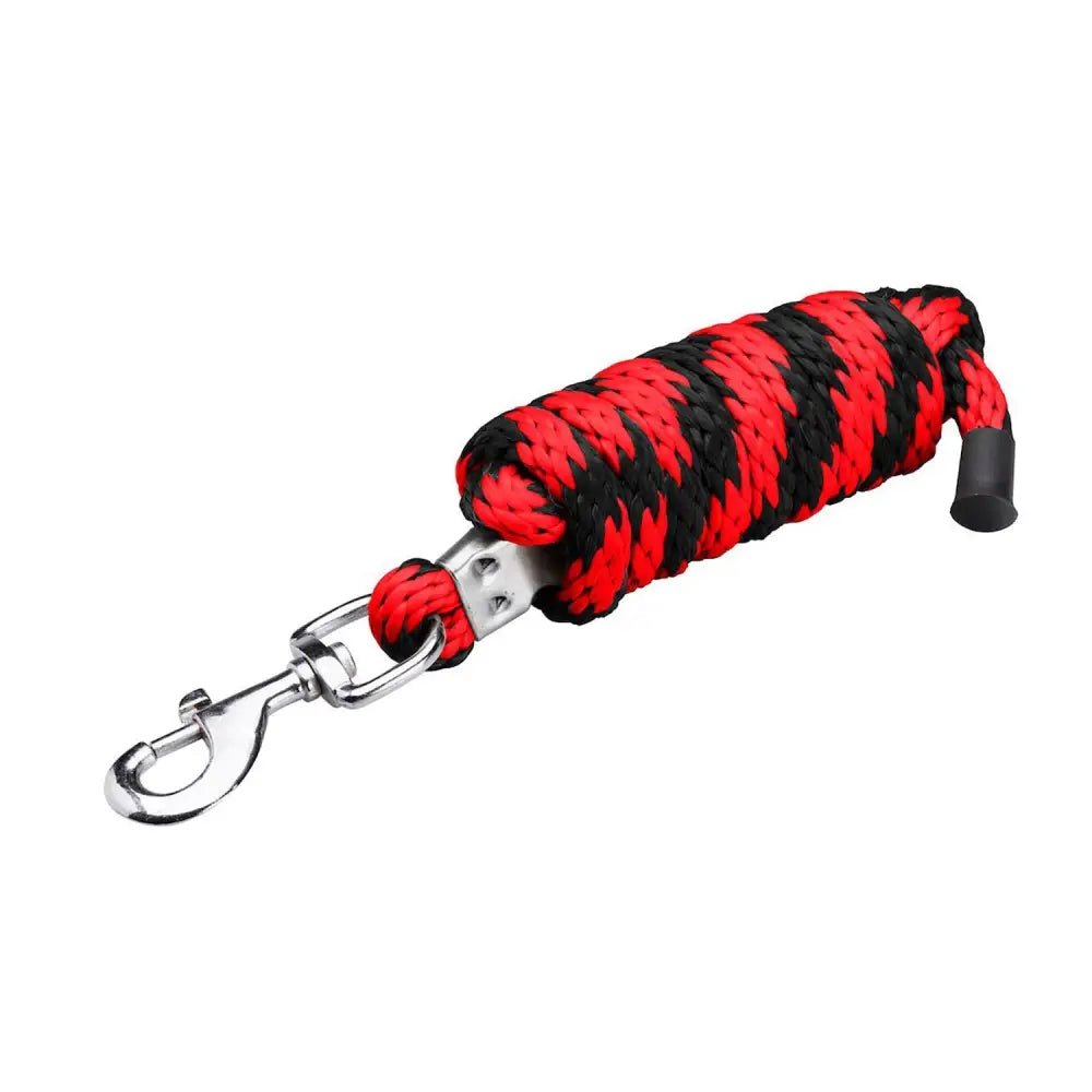 Red and black braided firefoot polypropylene soft feel lead rope with silver metal clip for horses