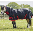 Navy blue firefoot pony rug fixed neck 100gm with red trim and adjustable straps in black red 100gm design