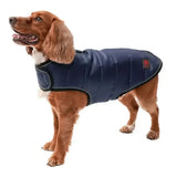 Navy blue quilted dog coat with black trim and red firefoot quilted dog logo patch featuring zipped shoulder harness