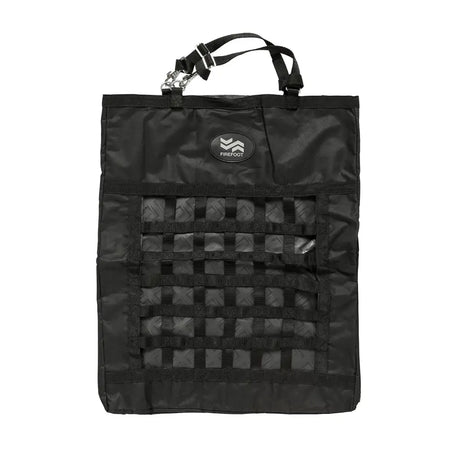 Black firefoot rectangle haybag with mesh grid front and adjustable strap handle for horse feed storage