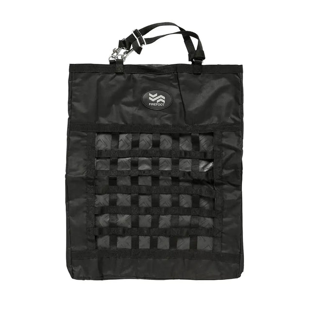 Black firefoot rectangle haybag with mesh grid front and adjustable strap handle for horse feed storage