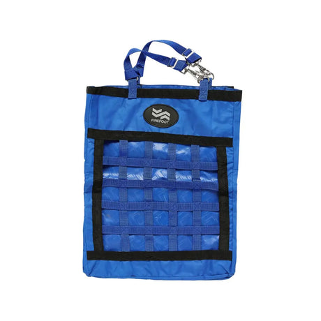 Blue firefoot rectangle haybag in web royal blue with black trim and mesh grid design for horse feed storage