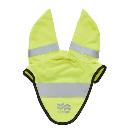 Bright yellow firefoot reflective ear bonnet with silver reflective stripes and black trim for visibility and safety