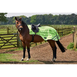 Bright green firefoot reflective exercise sheet with reflective stripes black saddle and bridle on brown horse