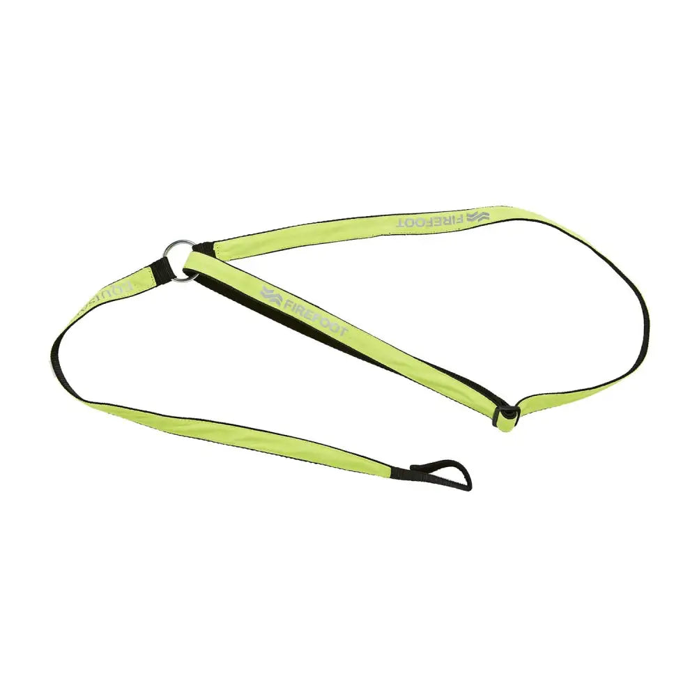 Bright lime green firefoot reflective neckband with black trim metal ring and reflective harness strap for safety use