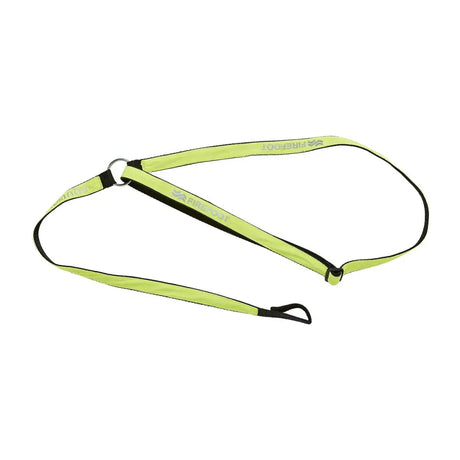 Bright lime green firefoot reflective neckband with black trim metal ring and reflective harness strap for safety use