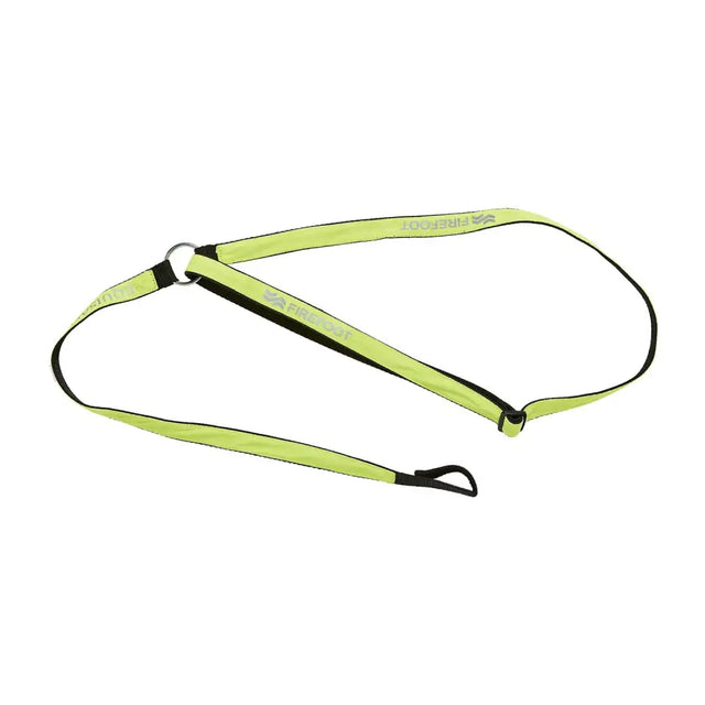 Bright lime green firefoot reflective neckband with black trim metal ring and reflective harness strap for safety use