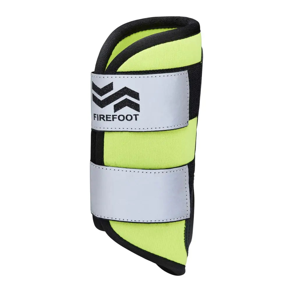Bright neon yellow and black firefoot reflective tendon boots with silver reflective straps for horse ankle protection