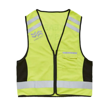 Bright yellow firefoot reflective waistcoat with black side panels and silver reflective stripes and front zipper closure