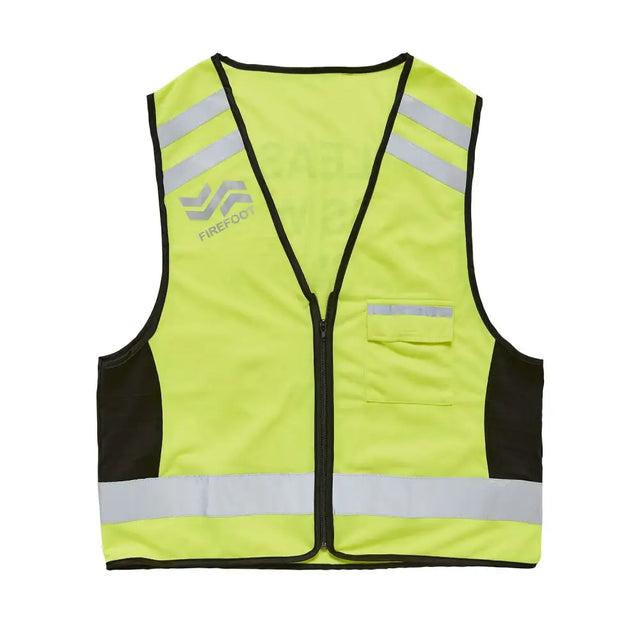 Bright yellow firefoot reflective waistcoat with black side panels and silver reflective stripes and front zipper closure