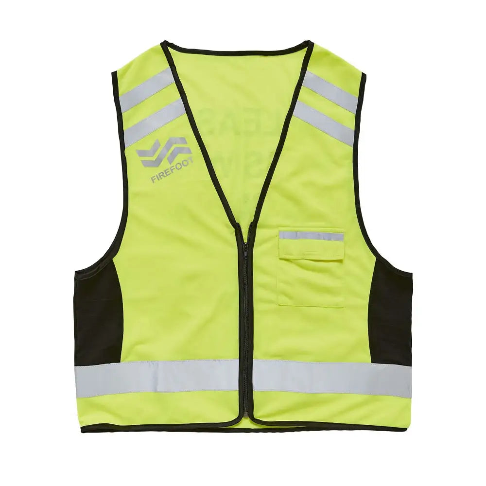 Bright yellow firefoot reflective waistcoat with black panels silver stripes and front zipper closure for safety