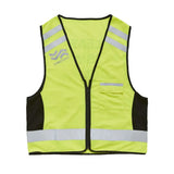Bright yellow firefoot reflective waistcoat with black side panels and silver stripes featuring front zipper closure