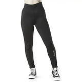 Black high-waisted firefoot richmond plain stretchy leggings with subtle white logo on the lower leg