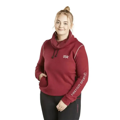 A maroon firefoot rolled neck sport hoodie with white piping and a small logo perfect for chilly autumn mornings