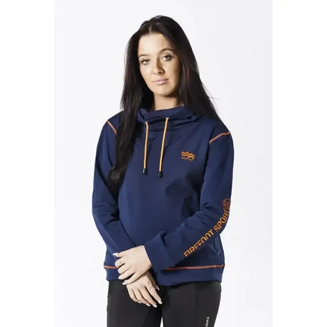 Navy blue firefoot rolled neck sweatshirt with orange drawstrings and branding perfect for chilly autumn mornings ladies navy orange