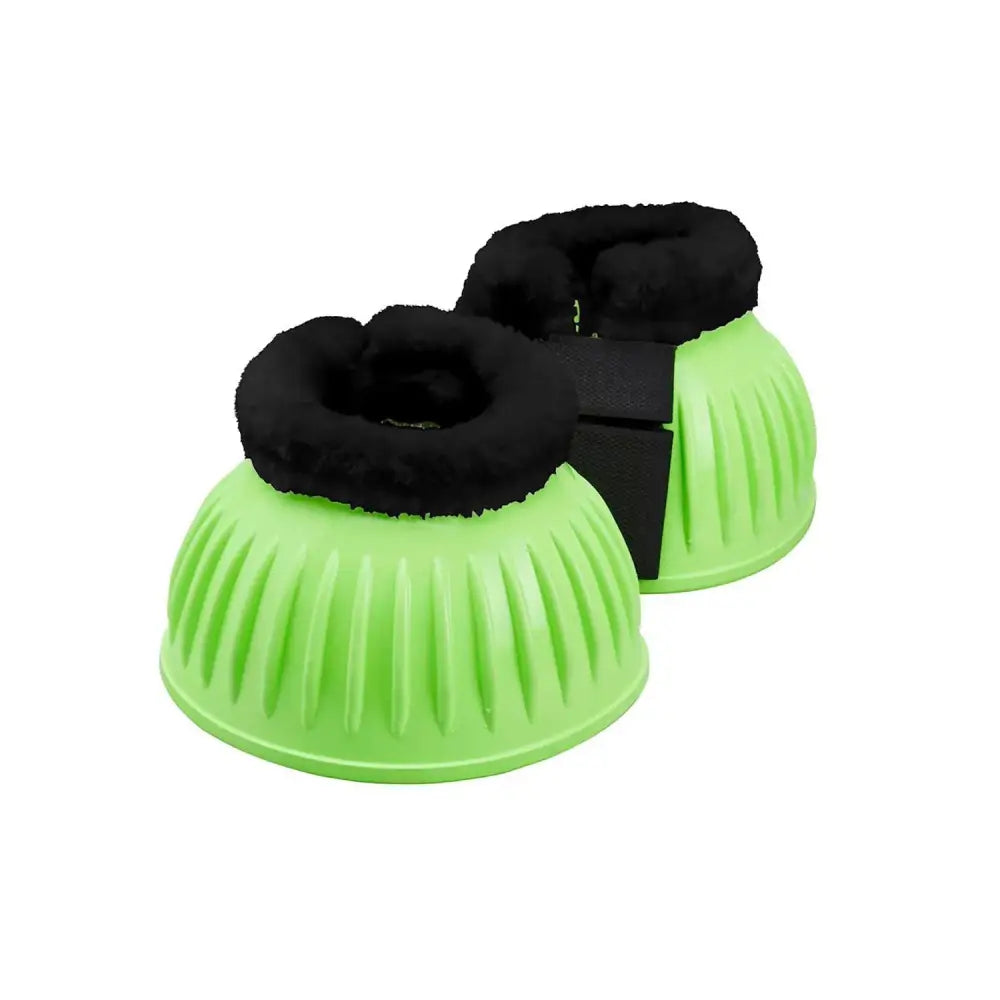 Bright green firefoot rubber bell boots with fur lining neon green and adjustable straps for horse hoof protection