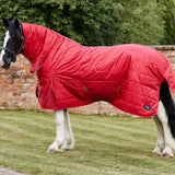 Red quilted firefoot stable rug fixed neck 200g with hood black metal buckles and small logo patch on side