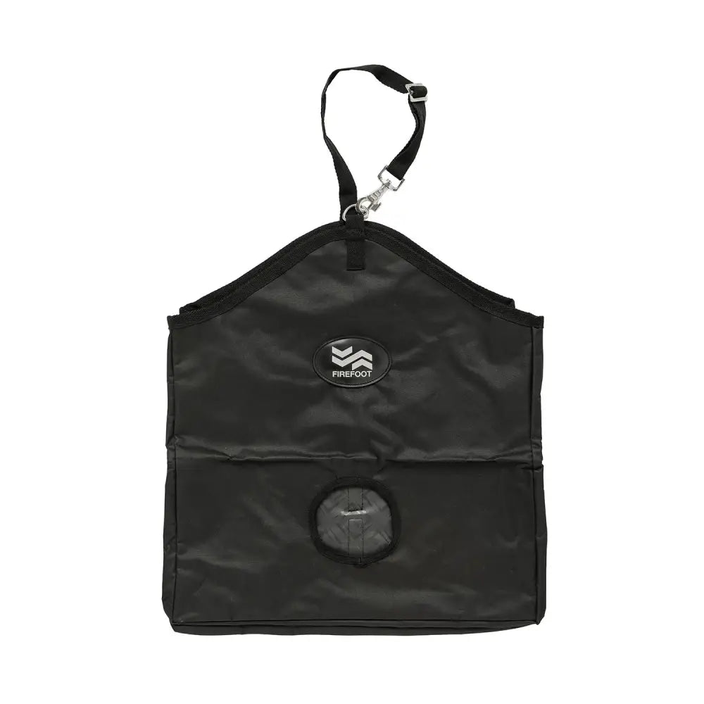 Black firefoot standard haybag with clear circular window and adjustable strap for easy feeding and carrying