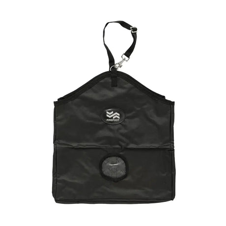 Black firefoot standard haybag with clear circular window and adjustable strap for easy hay feeding