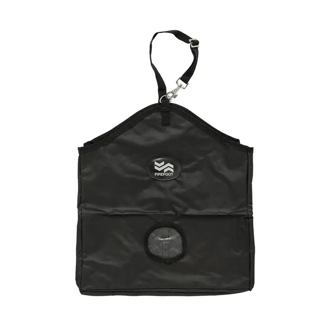 Black firefoot standard haybag with clear circular window and adjustable strap for easy hay feeding