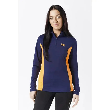 Ladies navy orange firefoot standbury base layer quarter-zip top with subtle logo perfect for athletic wear
