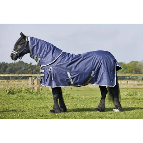 Navy blue firefoot turnout rug detachable neck 50gm with white trim and gray reflective straps shown from the back side