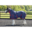 Navy blue firefoot turnout rug fixed neck 100gm with red trim and adjustable straps for secure fit