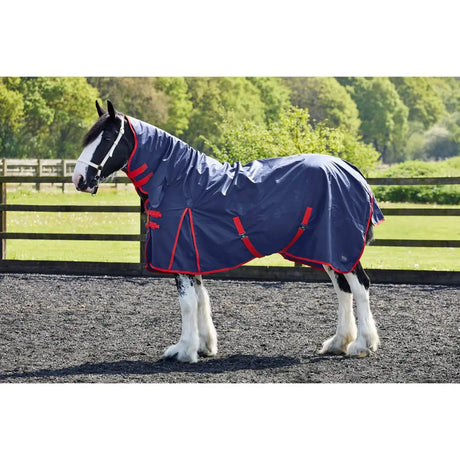 Navy blue firefoot turnout rug fixed neck 100gm with red trim and adjustable straps for secure fit